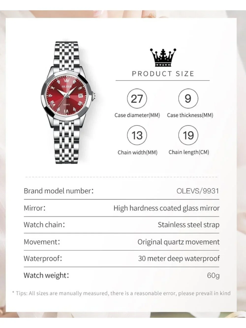 Women's Silver Band/Red Dial Stainless Steel Luxury Quartz Analog Wrist Watch